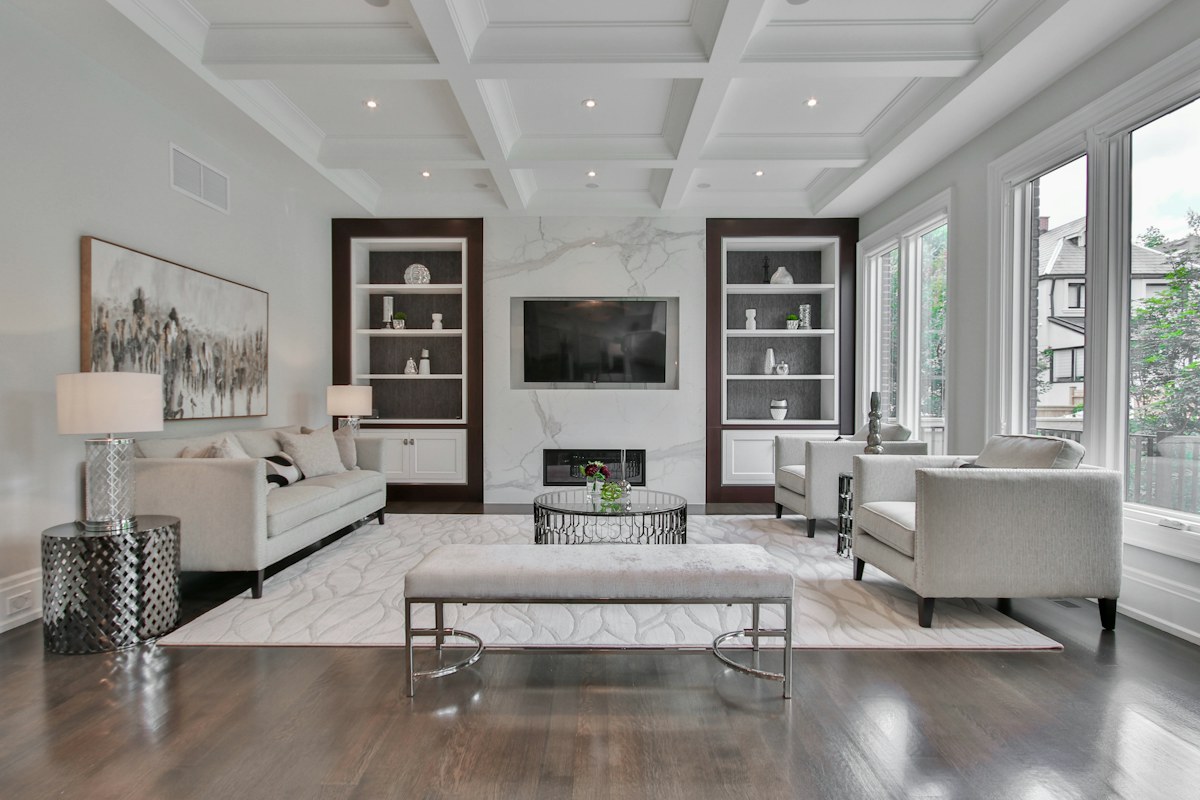 Polished marble floor in a bright living room
