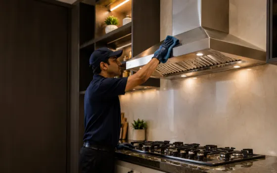 A kitchen chimney hood over a hob, degreased and clean