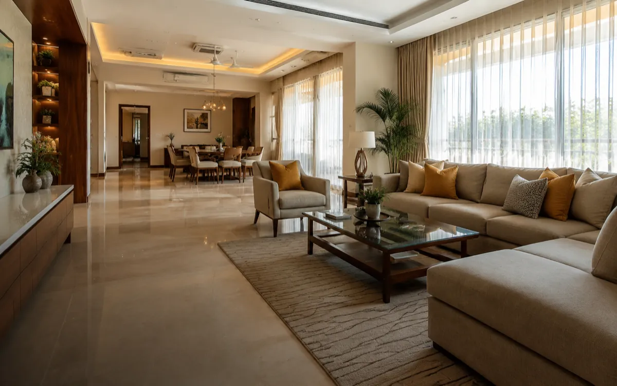 A bright, freshly deep-cleaned room with clear surfaces and clean floors