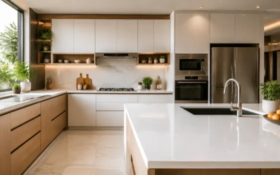 A clean modern kitchen with fitted cabinets, a hob and a chimney hood