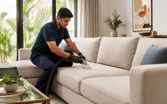 A clean fabric sofa in a bright living room
